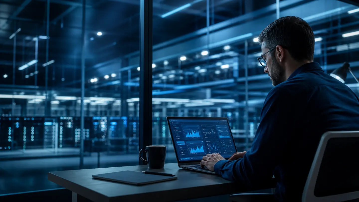 Cloud and DevOps engineer inspecting deployment health in a modern operations studio