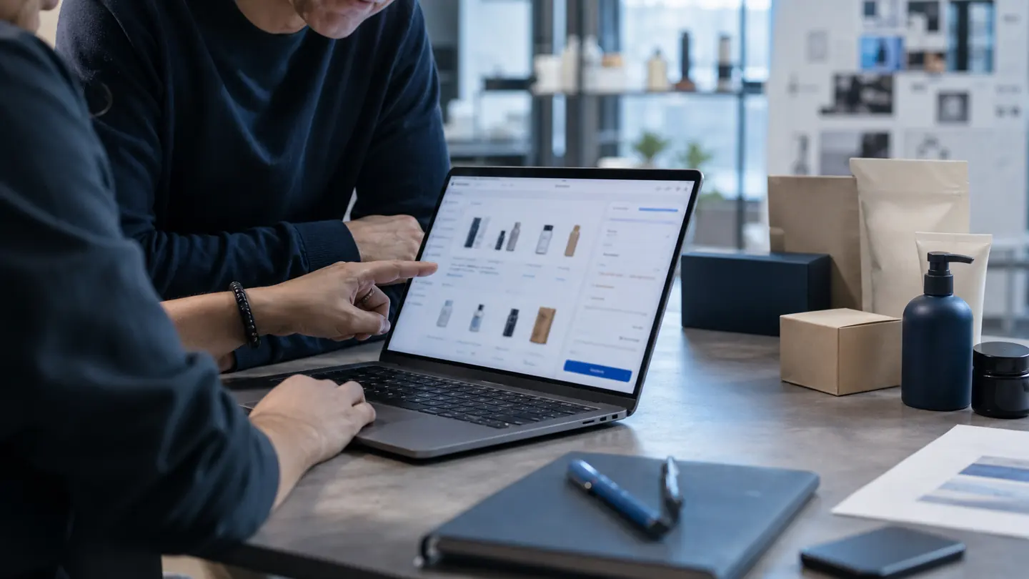 Commerce technology team reviewing an online storefront beside unbranded products
