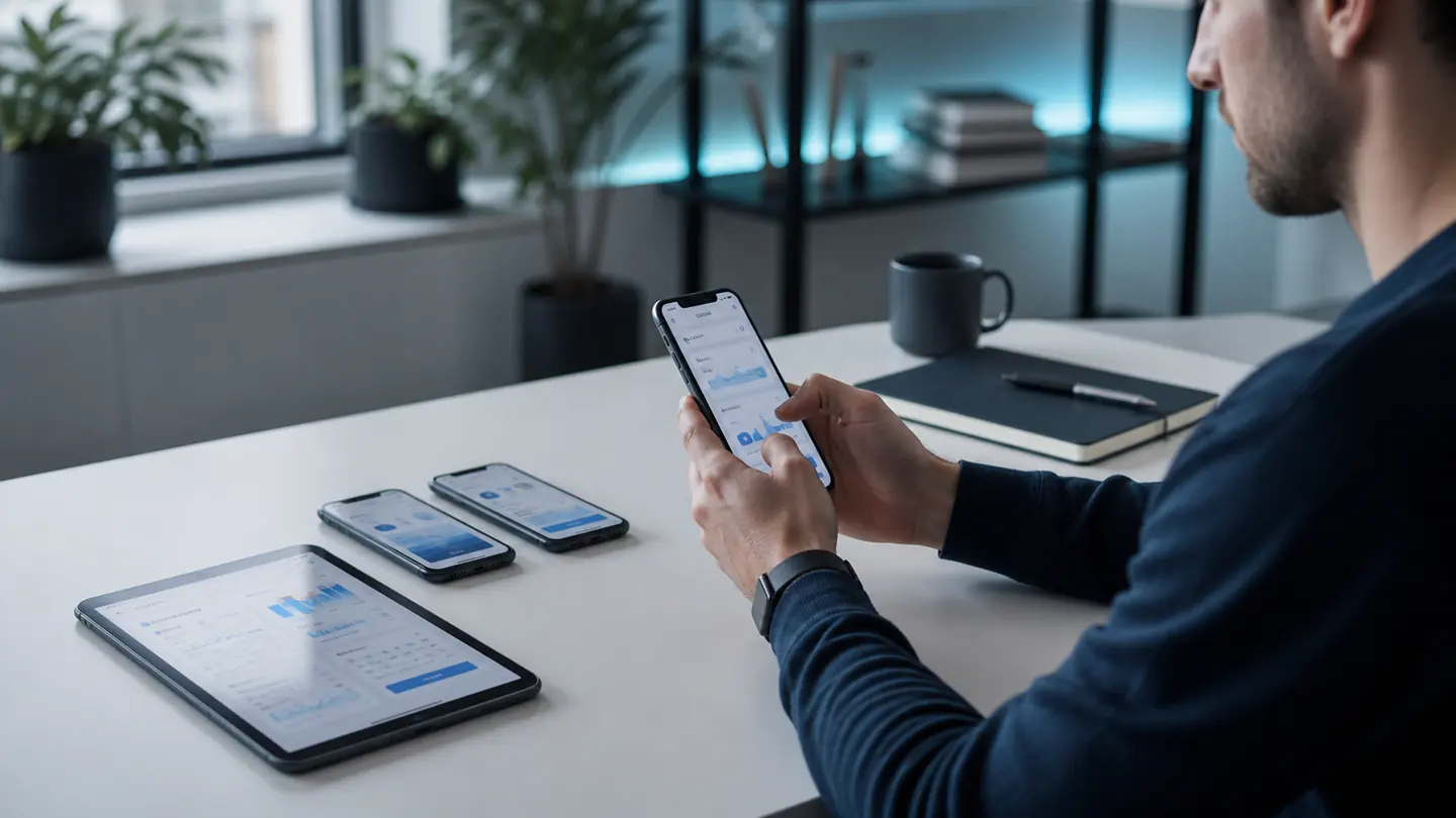 Mobile application engineer testing an app across phones and a tablet