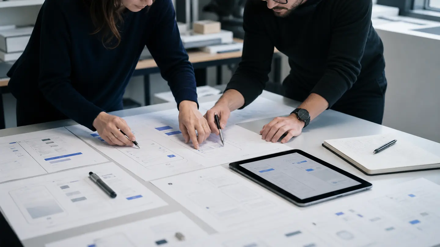 Product designers collaborating over interface wireframes and a tablet prototype