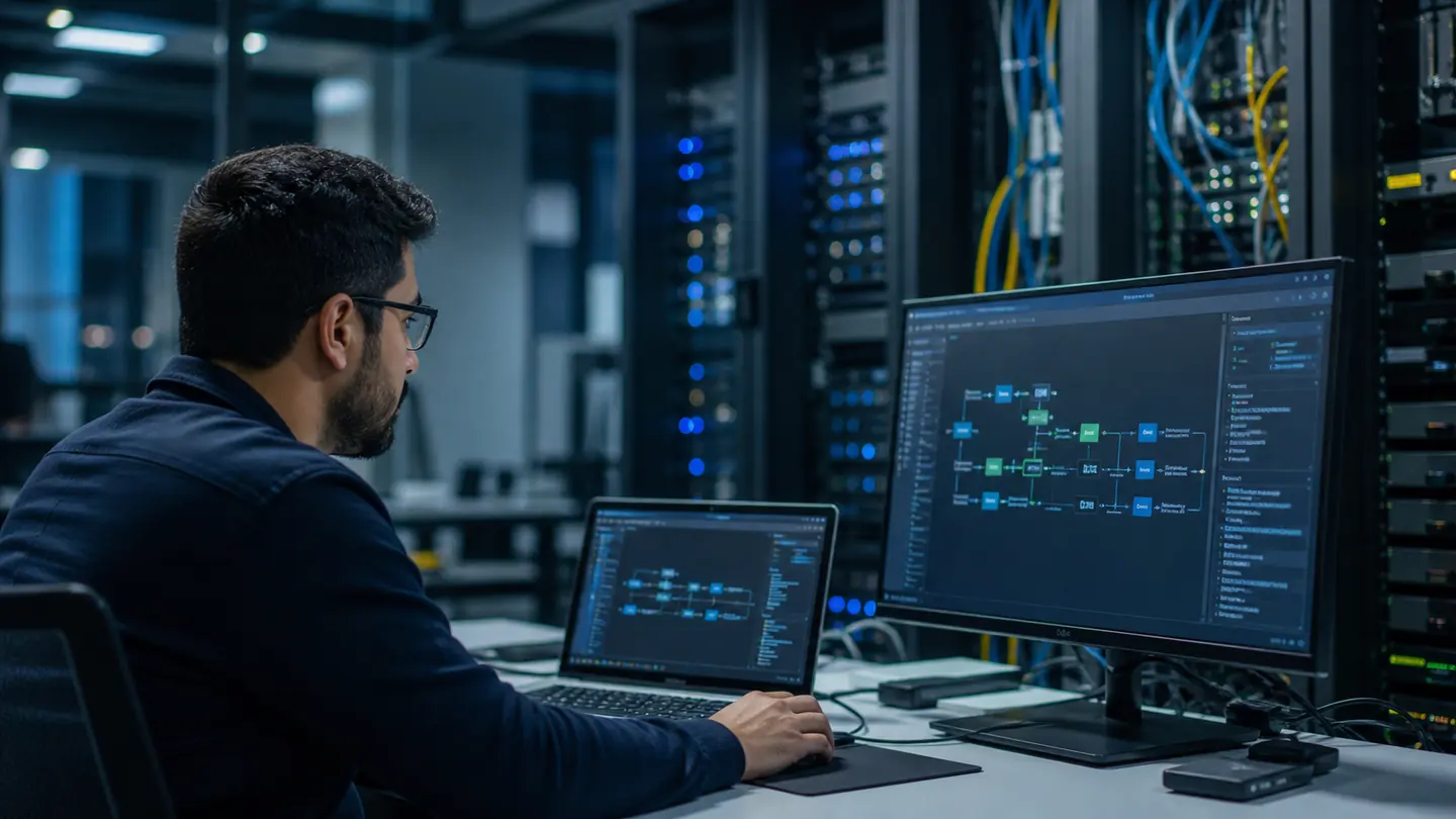 Infrastructure automation engineer reviewing workflows in an operations room