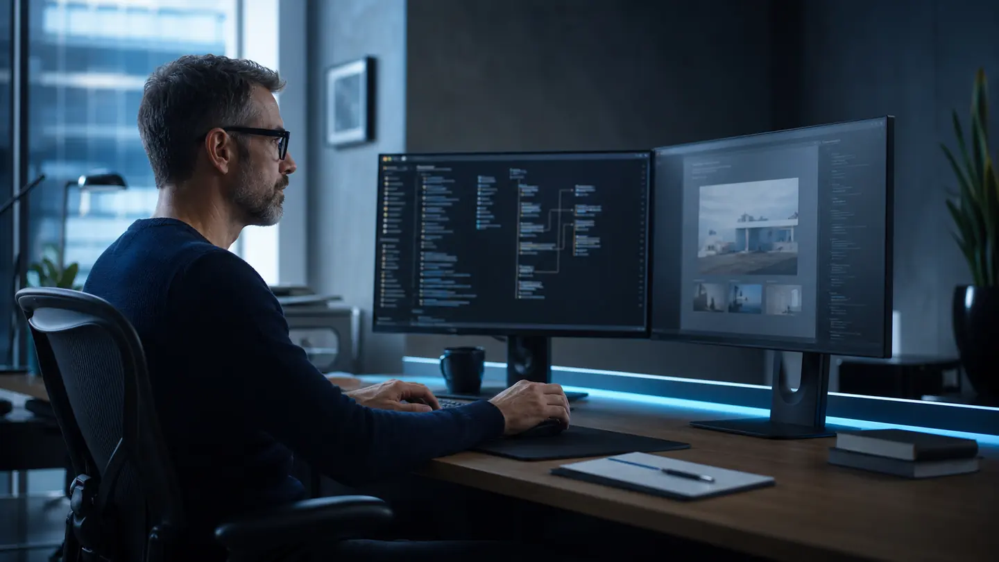 Web engineer working at a dual-monitor workstation in a modern technology studio