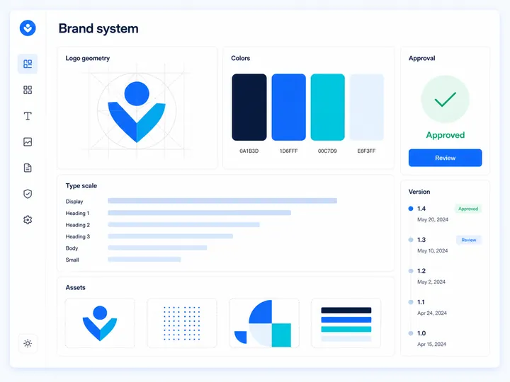 Brand system workspace with logo geometry, colour palette, type scale and approval history