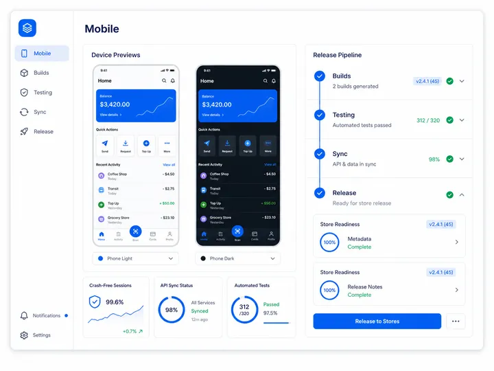 Mobile engineering workspace with device previews, build versions, automated tests and release readiness