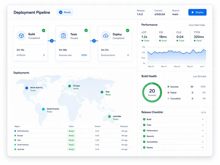 Web engineering workspace with deployment pipeline, automated tests, performance telemetry and release health